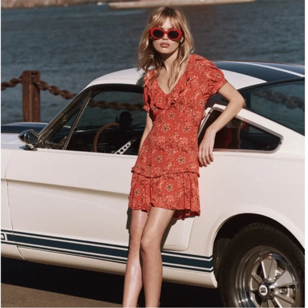 Spell & The Gypsy Celestial Red Floral Ruffle Mini Dress XS